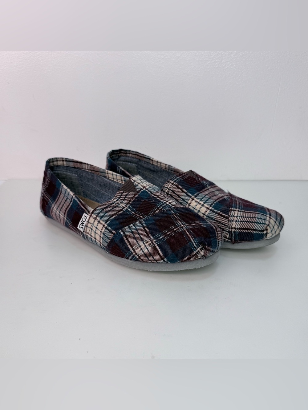 Toms Plaid Canvas Slip-Ons - Burgundy, Blue & Cream